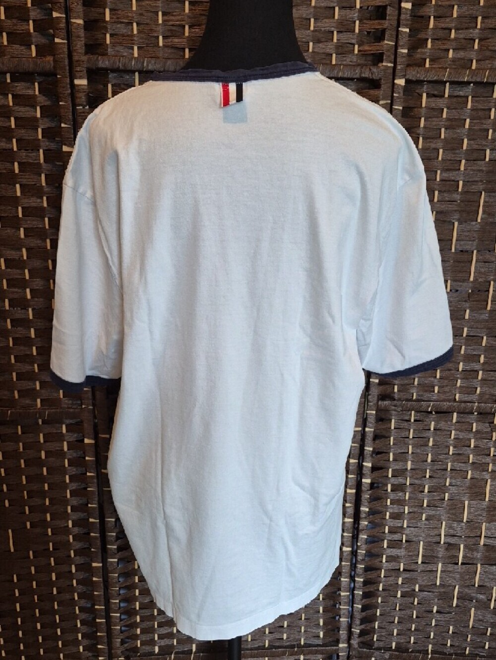 Thom Browne White Short-Sleeve Ringer Tee with Navy Trim - Picture 3 of 9